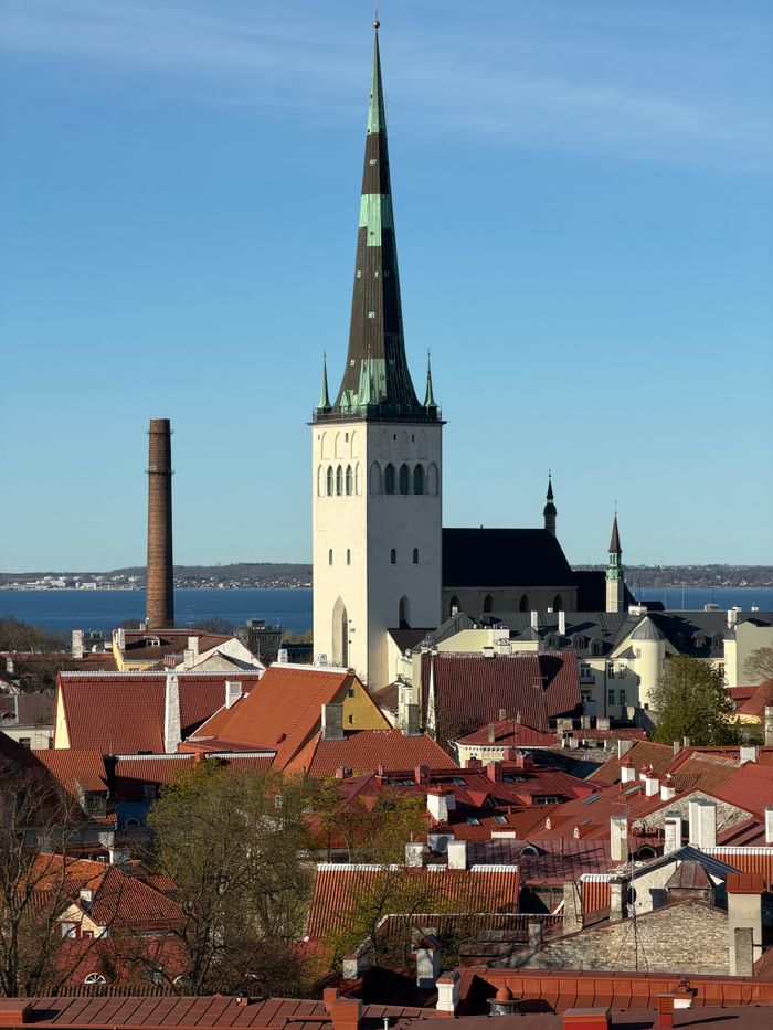 services-01 A picturesque view of Tallinn's Old Town featuring St. Olaf's Church and sea in the background.